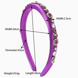 Purple padded headband with rhinestones and fabric texture showing dimensions and size