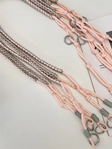 Adjustable hand-woven pink and gray wide shoulder strap with silver metal rings