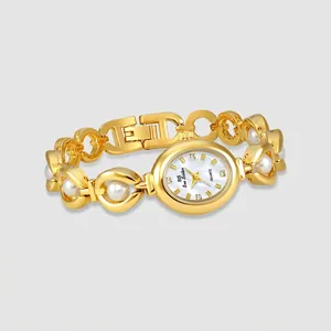 Elegant gold oval quartz watch featuring pearl beaded metal link strap for women
