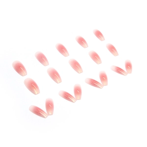 Pink gradient long coffin press-on nails with aurora glitter and pearl finish