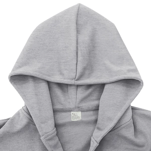 Detail of grey hooded trench coat neckline showing size L tag and cotton blend fabric