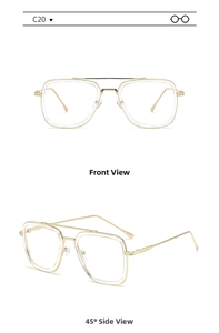 Front and 45-degree side views of retro gold metal double bridge square frame sunglasses