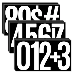 Detail of 6-inch waterproof black numbering stickers with bold white numbers and symbols