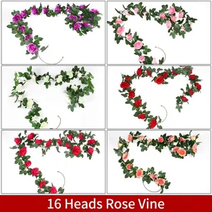 Artificial 16-head rose vine garlands in six colors for home and wedding wall decor