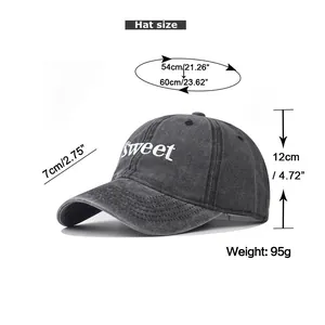 Detailed size guide for washed cotton baseball cap with Sweet embroidery dimensions