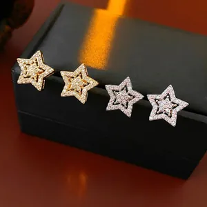 Star Stud Earrings Copper Micro Pave Zircon Geometric Chic Fashion For Women With Silver Earring Post