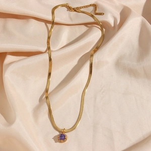 Elegant gold snake chain necklace with purple round zircon pendant and K18 hallmark