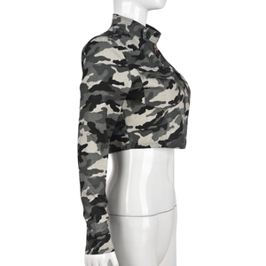 Close-up of camouflage cropped jacket featuring stand collar and metal zipper detail