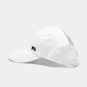Detail of white cotton sports visor with high ponytail opening and black DYL embroidery