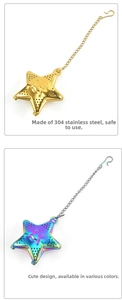 Macro detail of star-shaped stainless steel tea infusers in gold and rainbow finishes