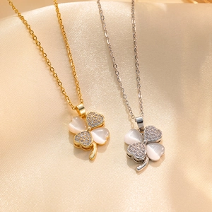 Stainless Steel Four Leaf Clover Pendant Necklace For Women Gold Silver Electroplated Rhinestone Elegant Fashion Jewelry Gift