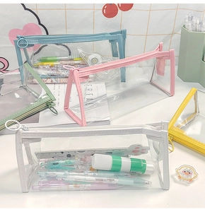 Detailed view of colorful transparent pencil cases with smooth zipper closures
