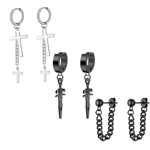 Three-pair set of black stainless steel earrings featuring cross, sword, and chain designs