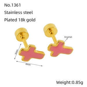 Pink enamel stainless steel cross stud earrings with 18k gold plating for women