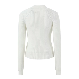 Close-up of white rib-knit cardigan with mock neck and raglan sleeves for a sleek fit
