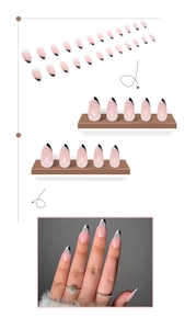 Vista detallada de uñas postizas almendradas estilo francés en degradado rosa y negro