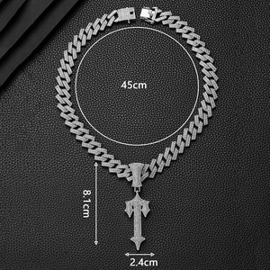 Silver iced out Cuban chain necklace with cross sword pendant and size dimensions