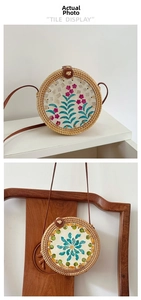 Close-up of handmade round rattan bag featuring colorful shell inlay and leather strap