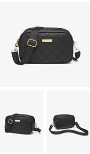 Three-view layout of black quilted crossbody bag with gold hardware and textile strap