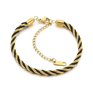 Two-tone woven twisted chain bracelet in gold stainless steel and black rope for women
