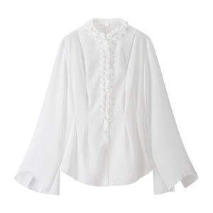 White fashion shirt for women with lace collar, flare sleeves and pleated front detail