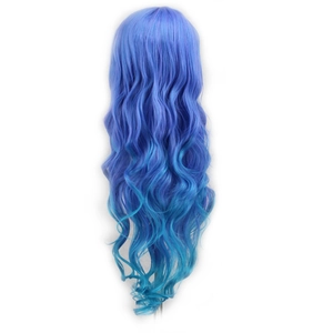 Detail view of 80cm blue to teal gradient long wavy cosplay wig from the back