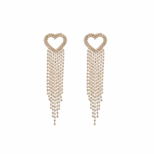 Elegant gold heart tassel earrings with sparkling rhinestones and long fringe pendants