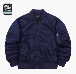 Detailed flat lay of a dark blue bomber jacket with rib-knit collar and arm pocket