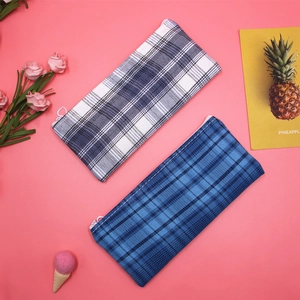 Minimalist checkered canvas pencil case with large capacity storage and zipper closure