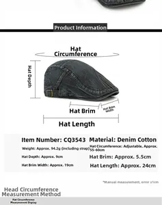 Tableau des tailles détaillé pour le béret réglable en coton denim avec mesures