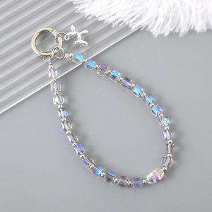 Iridescent crystal bead phone charm with silver balloon dog pendant and metal ring