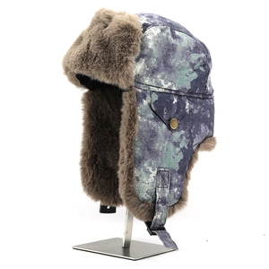 Winter thermal aviator hat with purple camo pattern and thick faux fur ear flaps