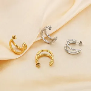 Double Hoop Earrings For Women Minimalist Geometric C Shape High End Titanium Steel Polished Modern Ins Style Jewelry