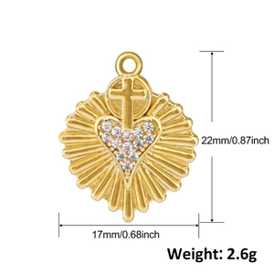 Gold heart pendant with radiant texture and zircon cross detail, 22x17mm size