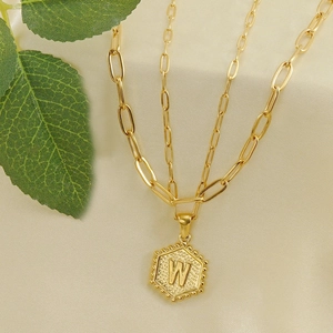Double layered 18K gold stainless steel paperclip necklace with letter W hexagon pendant