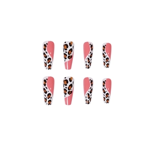 Faux ongles ballerine longs motif léopard rose et vagues avec finition brillante