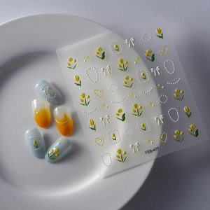 3D-Blumen-Nagelsticker mit gelben Tulpen und Schleifen für professionelle Maniküre