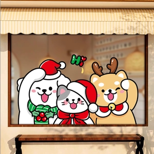 Christmas static window stickers with cute cartoon cat, dog and reindeer for holiday decor