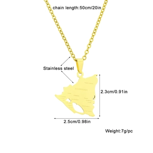 Detailed view of Nicaragua map pendant dimensions with stainless steel chain and specs