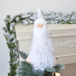 Detail of plush Santa Claus tree topper featuring white beard and grey snowflake hat