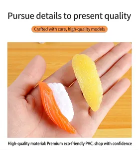 Detail view of realistic PVC salmon and roe sushi models with realistic food textures