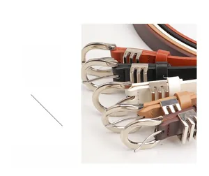 Detailed close-up of slim leather belts with silver metal buckles in multiple colors