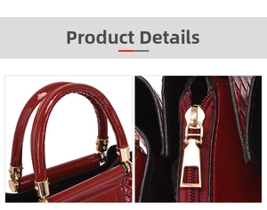 Detail view of red patent leather handbag showing woven texture and gold zippers