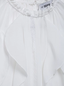 Detailed close-up of ruffle collar and lace stitching on white chiffon blouse