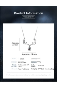 Detailed specs of S925 silver deer horn necklace featuring 1ct Moissanite diamond