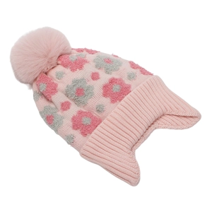 Bonnet d'hiver en tricot pour filles avec motifs floraux et pompon rose en fourrure