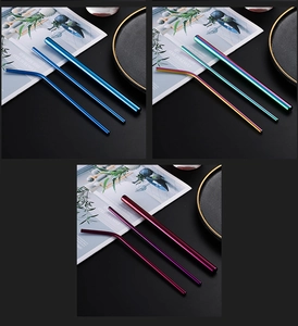 Detail view of colorful 304 stainless steel straw sets in blue, rainbow, and purple finishes
