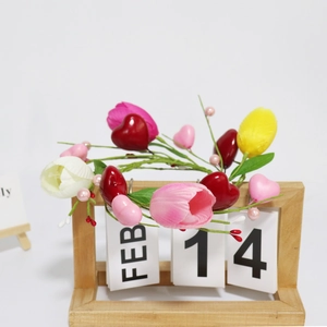 Artificial tulip and heart candle ring wreath with green leaves for Valentine decoration