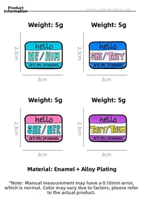 Detailed size chart of pronoun enamel pins featuring HE, HIM, SHE, THEY, HER and THEM text