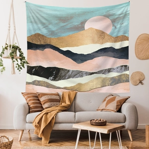 Detail of modern abstract mountain tapestry with sun pattern for living room wall decor